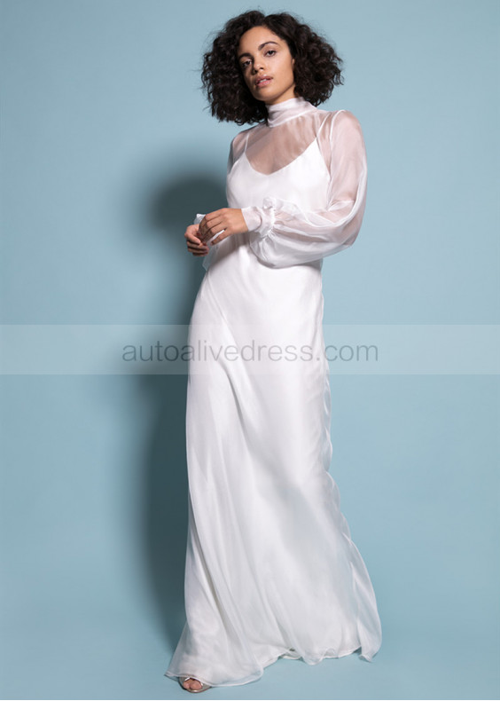 Long Sleeve Tie Neck Ivory Chiffon Bridesmaid Dress